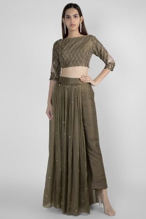 Olive Green Embroidered Crop Top With Pant Skirt