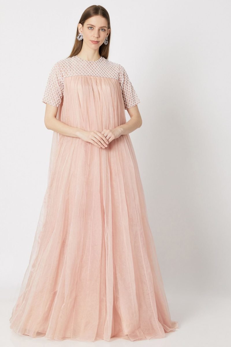 Pink Organza Embroidered Flared Gown