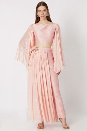 Pink Embroidered Crop Top & Pant Skirt