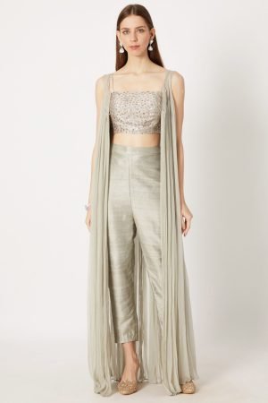 Olive Green Embroidered Bustier With Pants & Jacket