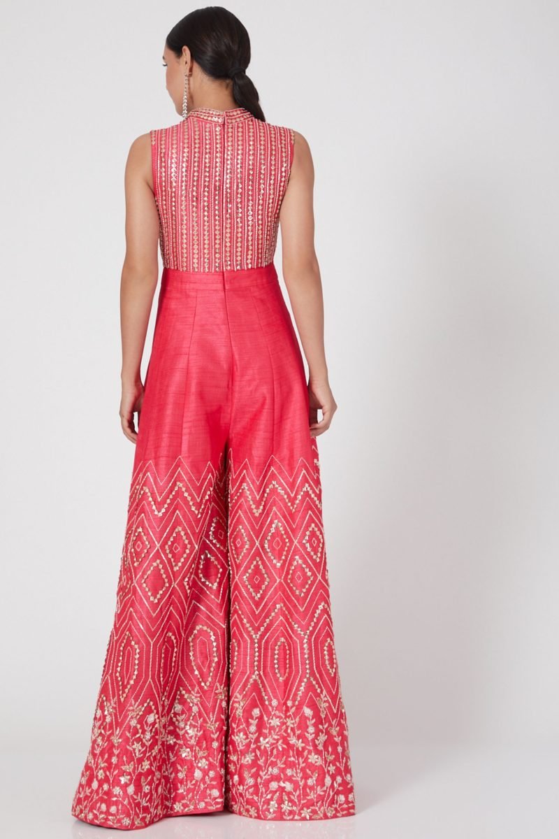 Coral Peacock Couture Hot Coral Embroidered Jumpsuit - Image 3