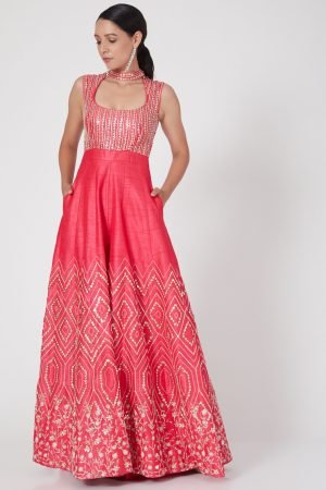 Coral Peacock Couture Hot Coral Embroidered Jumpsuit