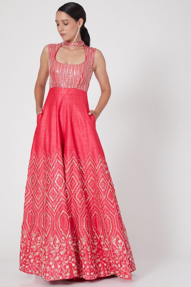 Coral Peacock Couture Hot Coral Embroidered Jumpsuit