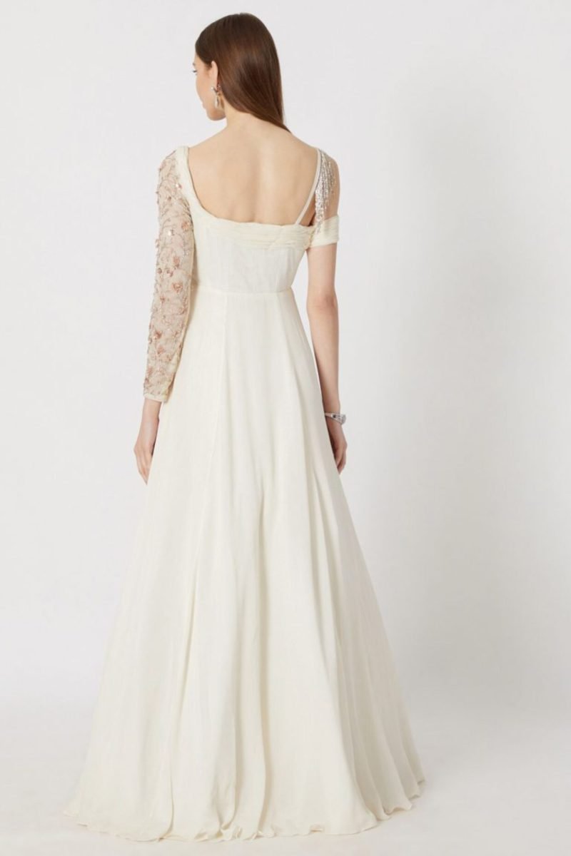 White Embroidered One Sleeved Gown - Image 3