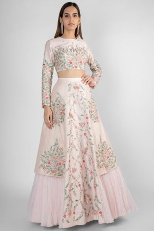 Peach Pink Panelled Lehenga Skirt With Crop Top