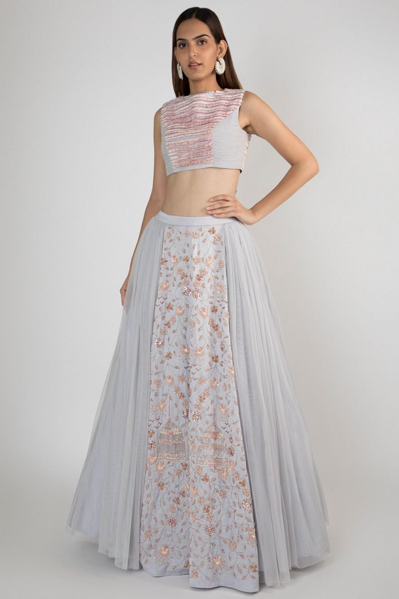 Purple Net Embellished Crop Top And Lehenga Set