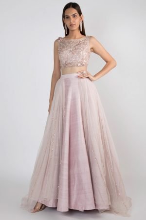Purple Net Embroidered Blouse And Lehenga