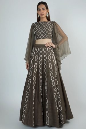 Green Raw Silk Embellished Crop Top And Lehenga Set