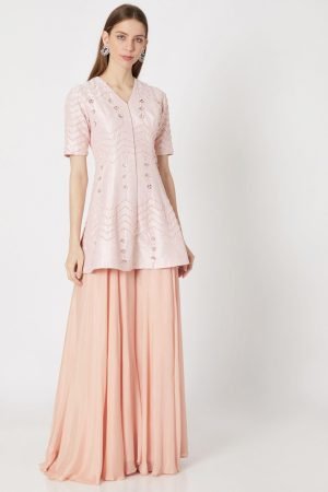 Peach Embroidered Sharara Pants With Tunic