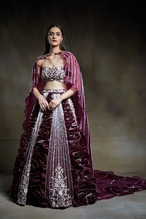 Wine Embroidered Bridal Lehenga With Bustier