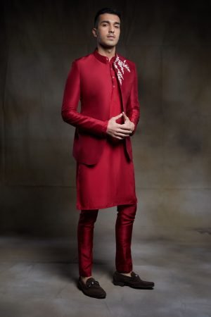 Red Silk Jacket And Wedding Kurta Set