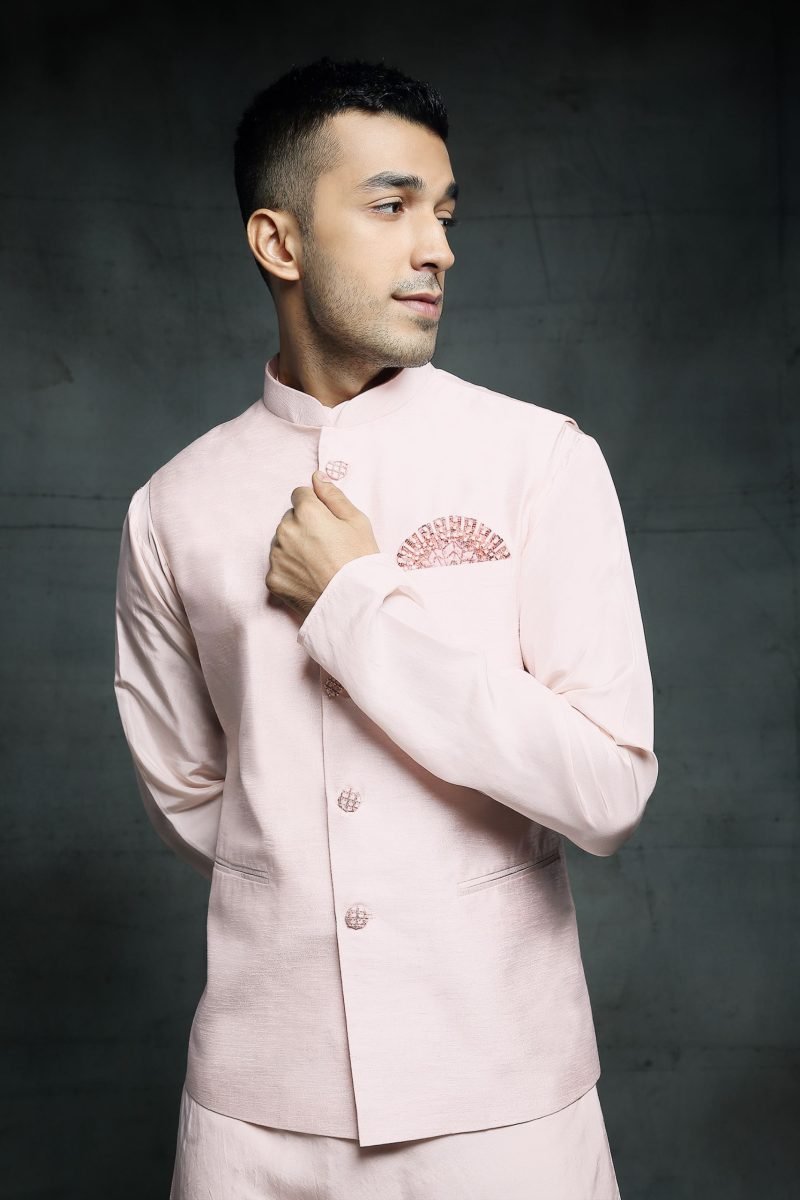 Baby Pink Silk Jacket And Wedding Kurta Set - Image 3