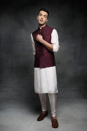 Purple Silk Bundi And Kurta Set