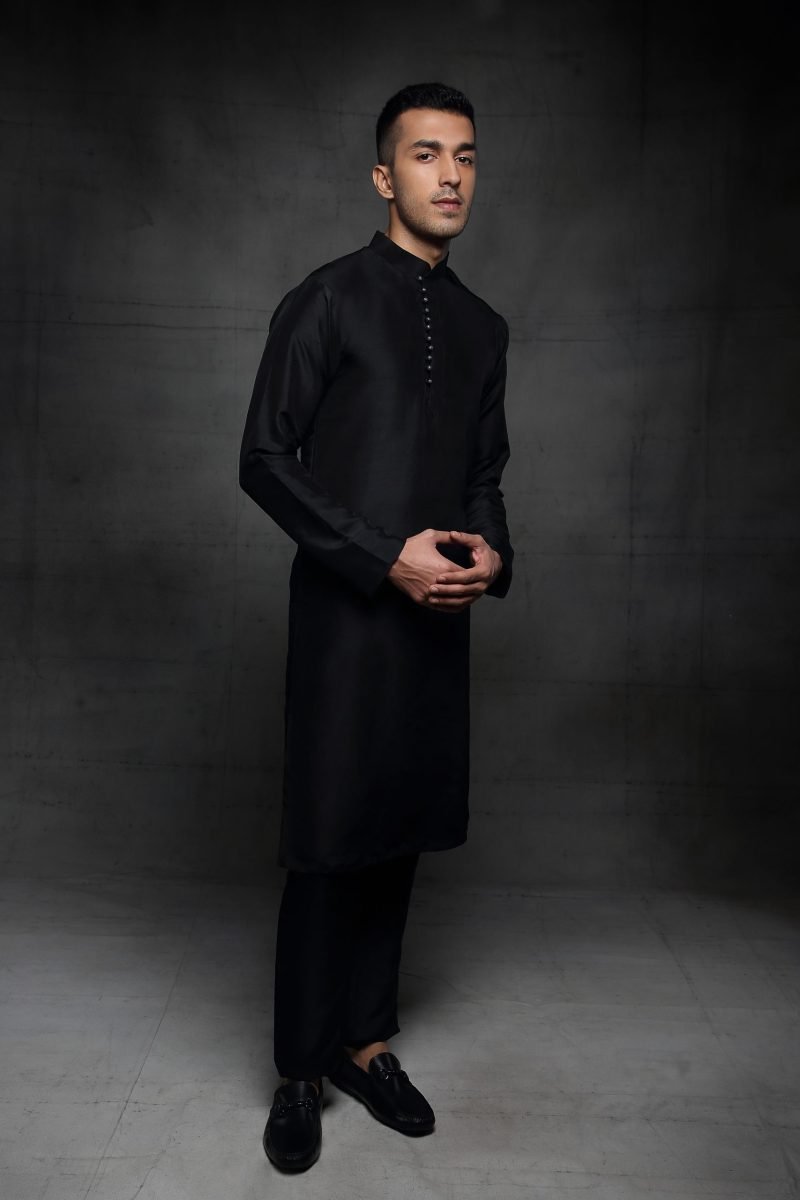Black Silk Kurta And Pant Set - Image 4