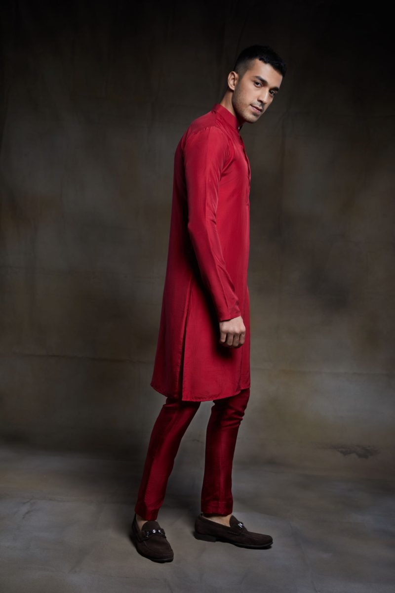 Red Silk Sangeet Kurta And Pant Set - Image 3
