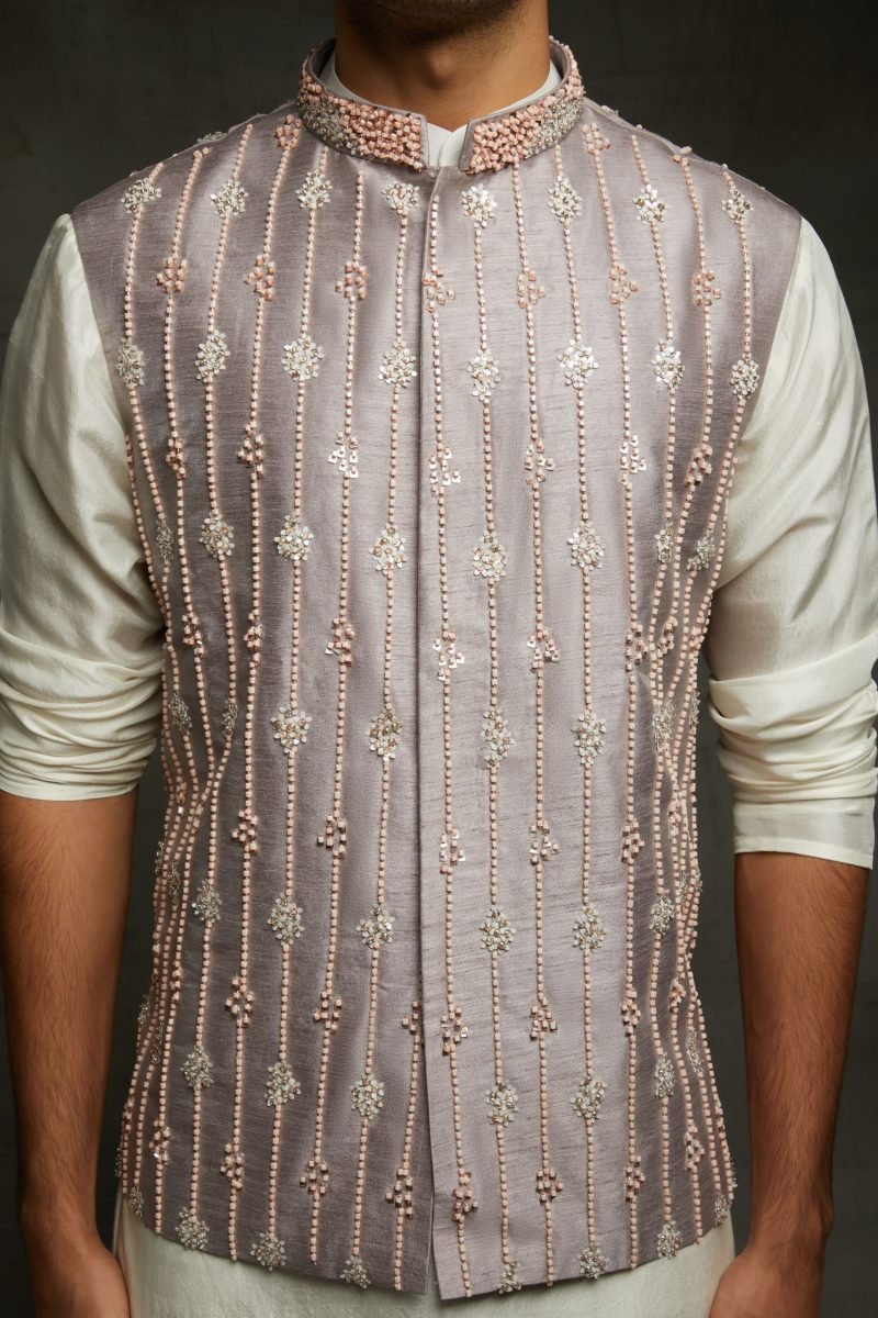White Silk Bundi And Kurta Set - Image 3