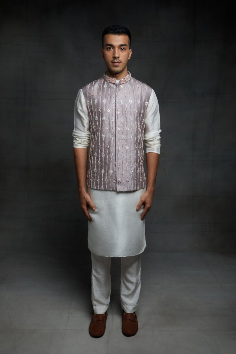 White Silk Bundi And Kurta Set