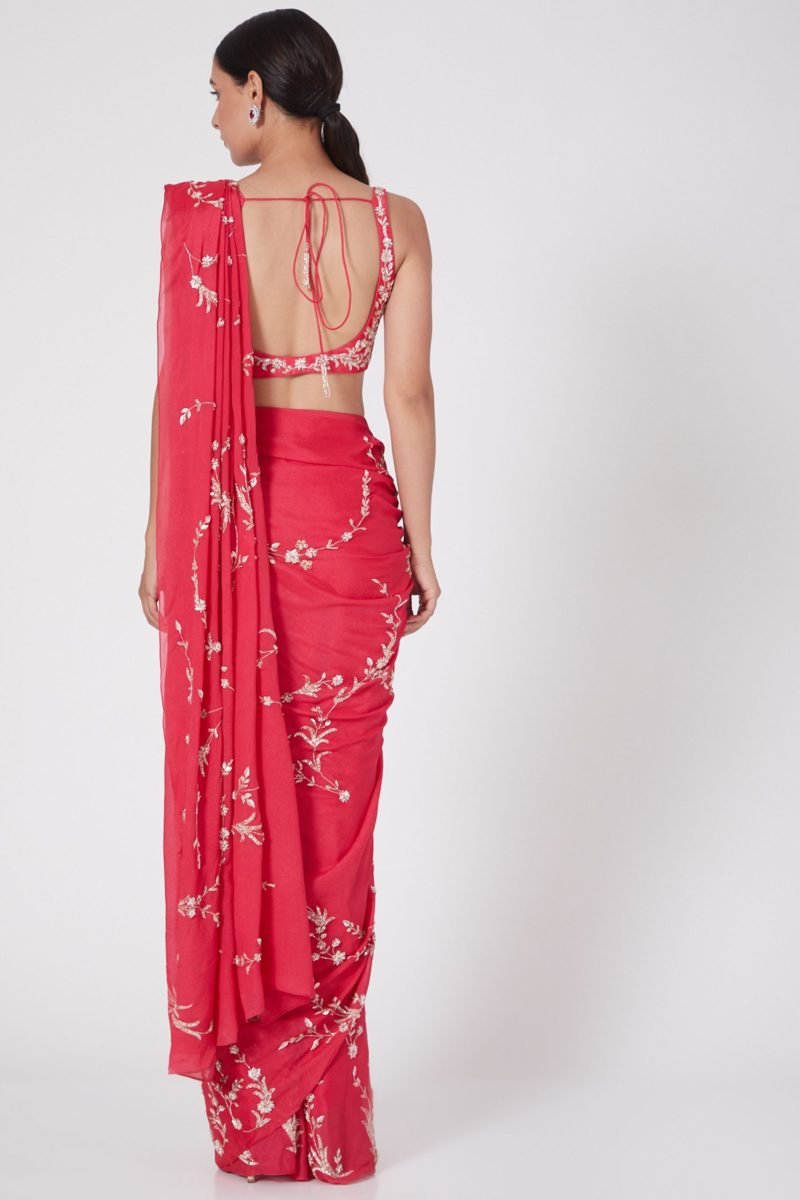 Hot Pink Embroidered Saree with Blouse Set - Image 4