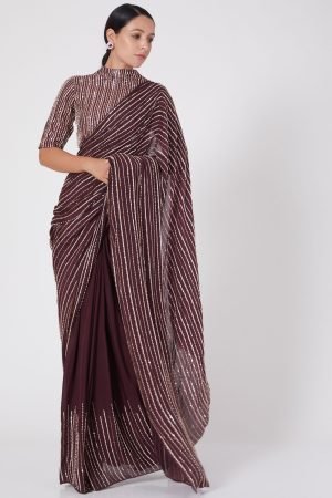 Wine Embroidered Saree with Blouse Set