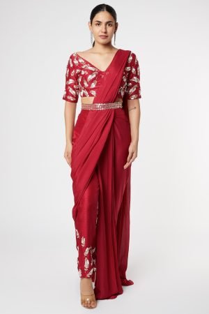 Candy Red Embroidered Saree & Belt with Blouse