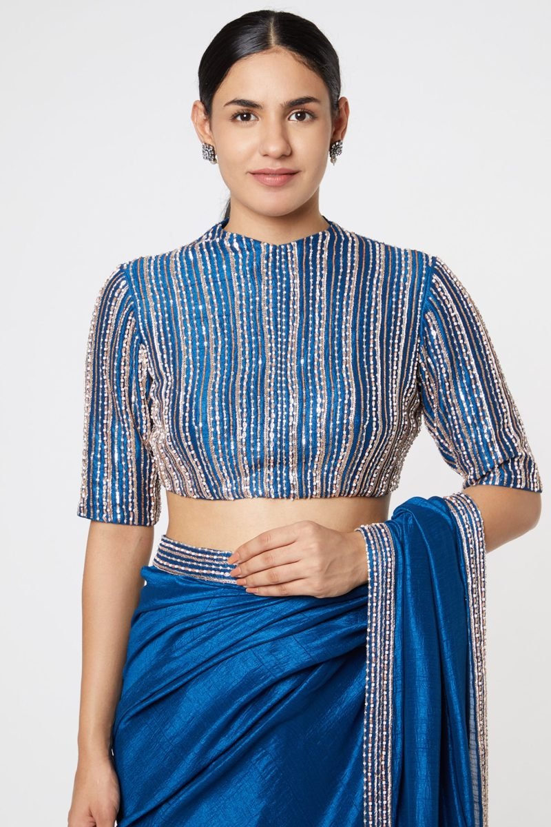 Blue Embroidered Saree with Blouse - Image 3