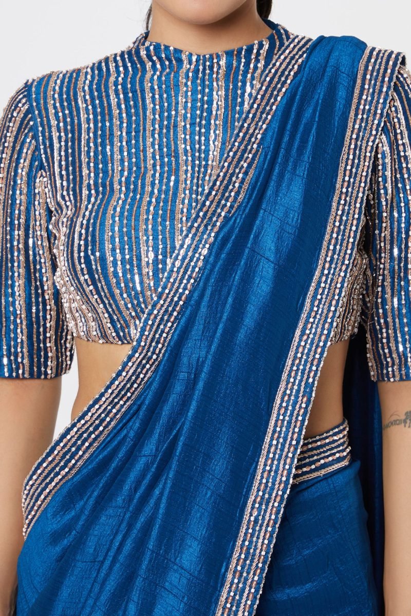 Blue Embroidered Saree with Blouse - Image 4