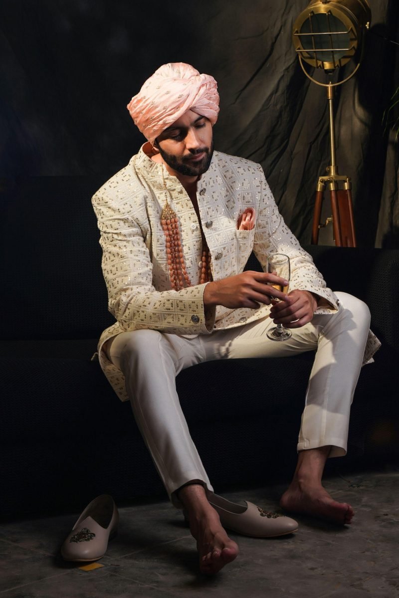 White Lucknowi Sherwani Set - Image 2