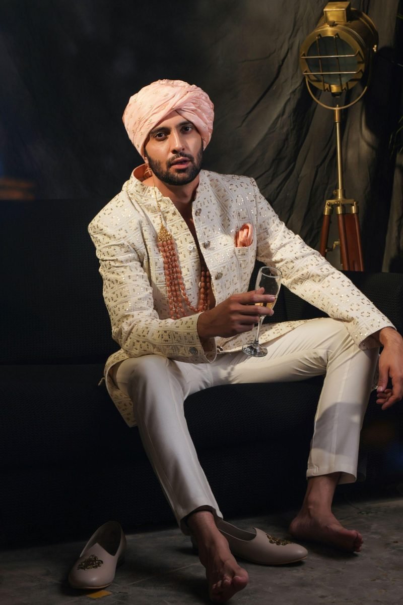 White Lucknowi Sherwani Set - Image 3
