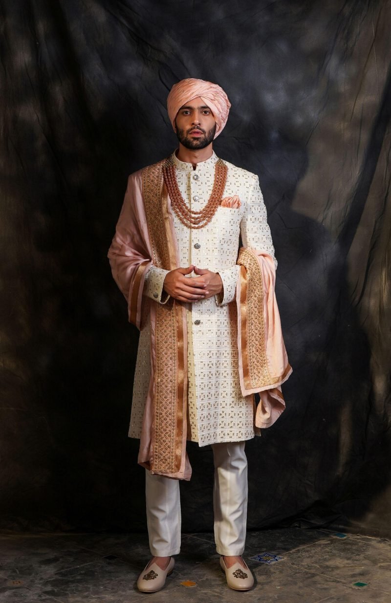 White Lucknowi Sherwani Set