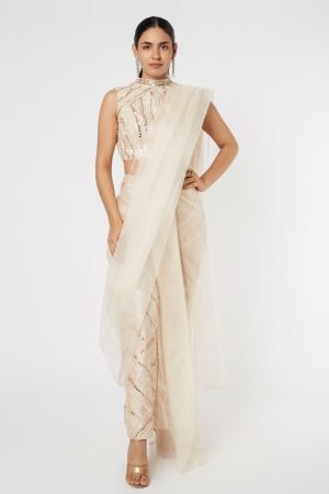 Golden Embroidered Pant Saree with Blouse