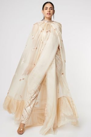 Golden Embroidered Pant Saree & Cape with Blouse