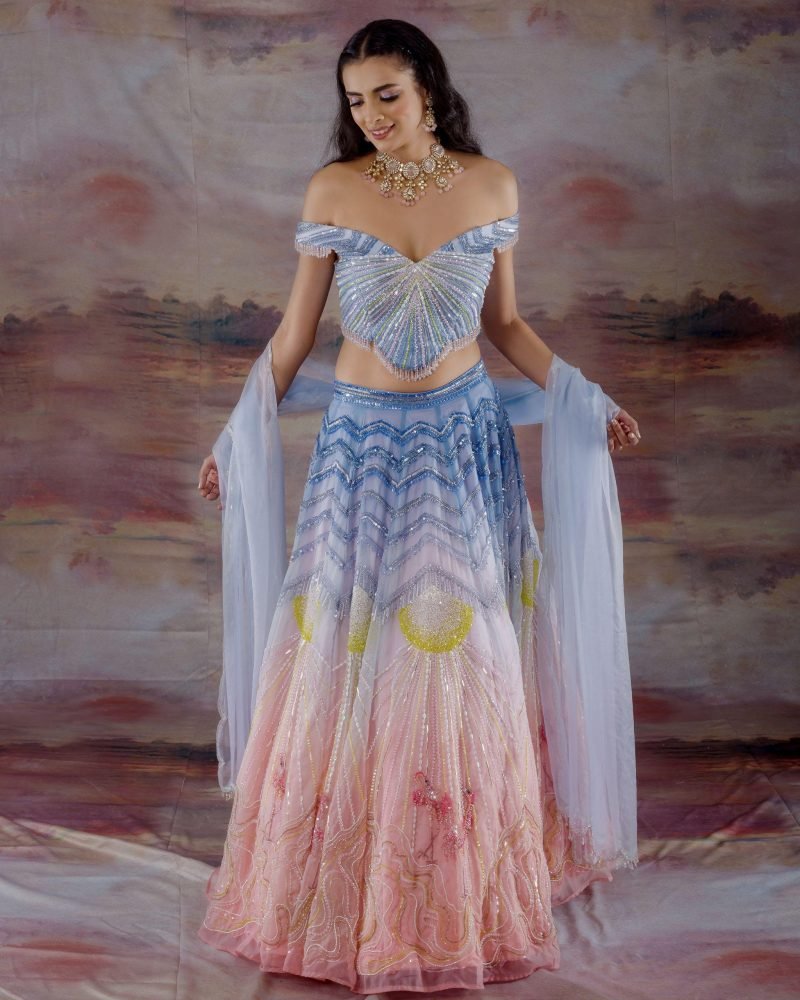 Sky Blue Embroidered Ombre Lehenga Set
