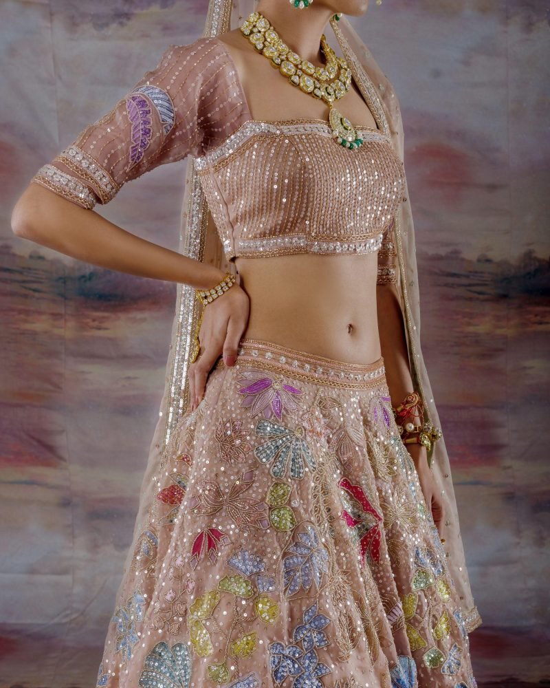 Beige Organza Embroidered Lehenga Set - Image 3