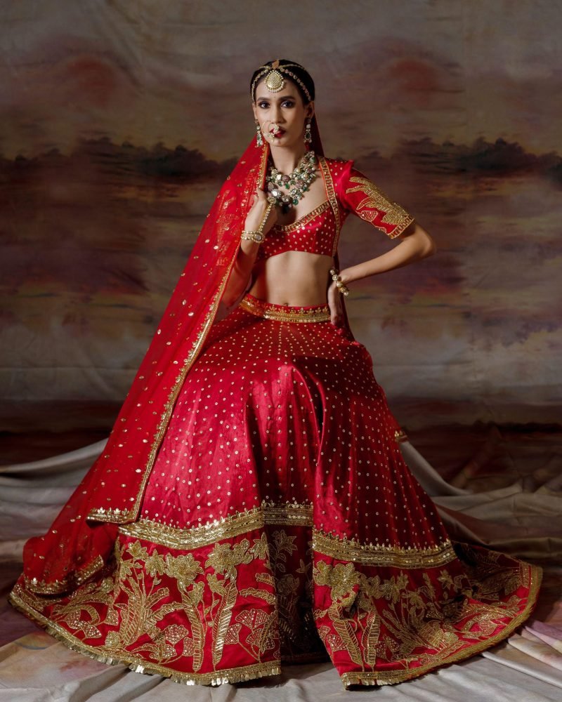 Red Net & Gajji Silk Embroidered Lehenga Set - Image 2