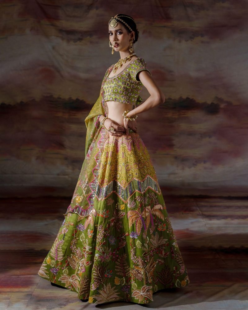 Green Organza Floral Embroidered Lehenga Set - Image 3