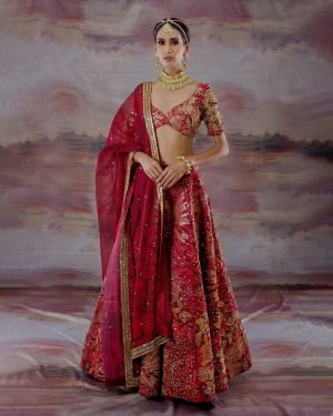 Red Organza Jungle Embroidered Lehenga Set