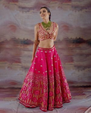Pink Satin Embroidered Lehenga Set