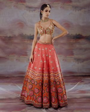 Orange Satin Embroidered Lehenga Set
