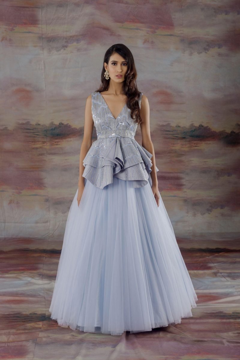 Blue Net Lehenga And Peplum Top Set