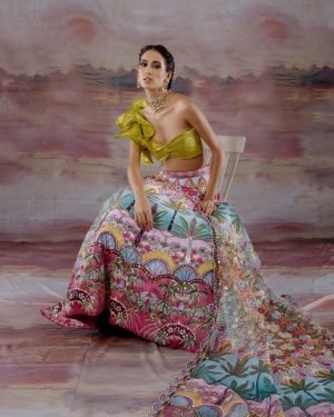 Multi Color Thick Satin Tropical Print Lehenga Set