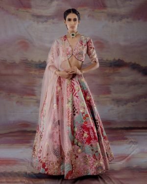 Pink Thick Satin Ocean Print Lehenga Set