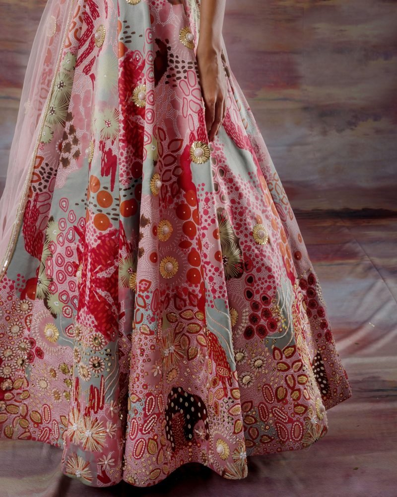 Pink Thick Satin Ocean Print Lehenga Set - Image 3