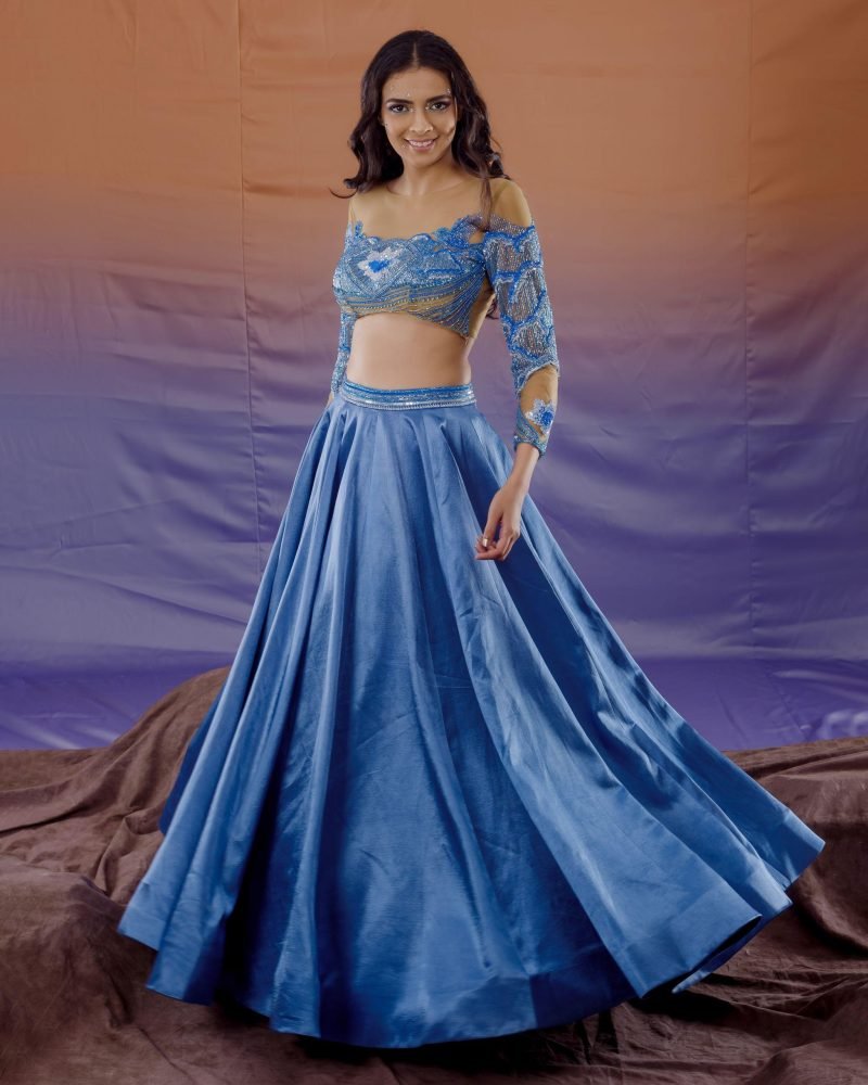 Blue Gajji Silk Rain Embroidery Lehenga Set