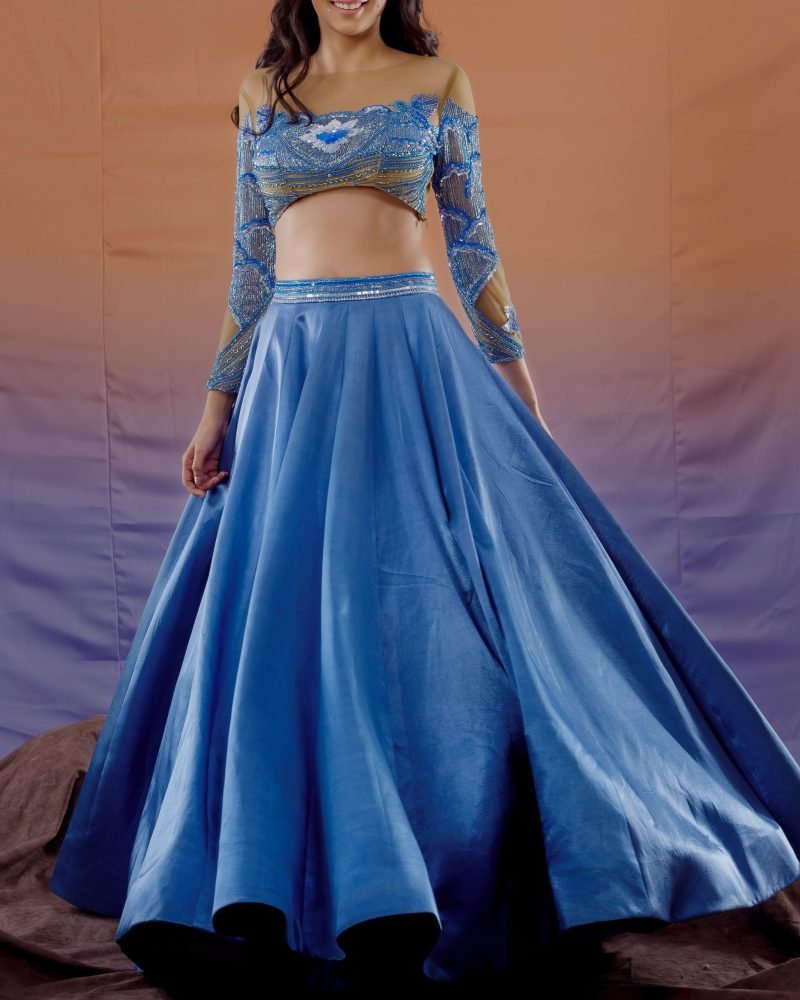 Blue Gajji Silk Rain Embroidery Lehenga Set - Image 3
