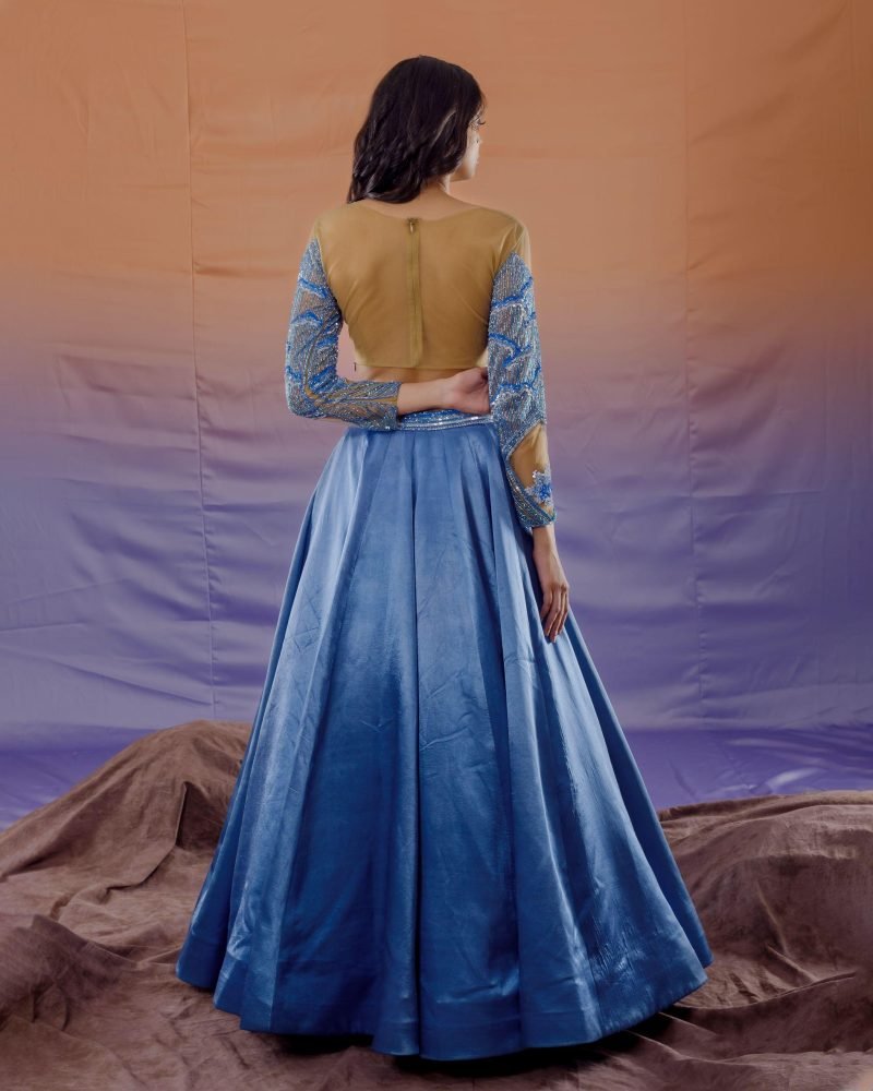 Blue Gajji Silk Rain Embroidery Lehenga Set - Image 4