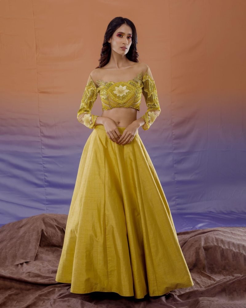 Yellow Flat Silk Lehenga Set