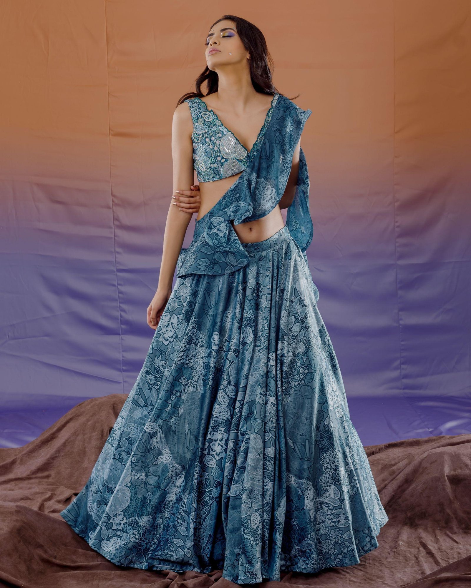 Blue Spun Satin Jungle Print Lehenga Set