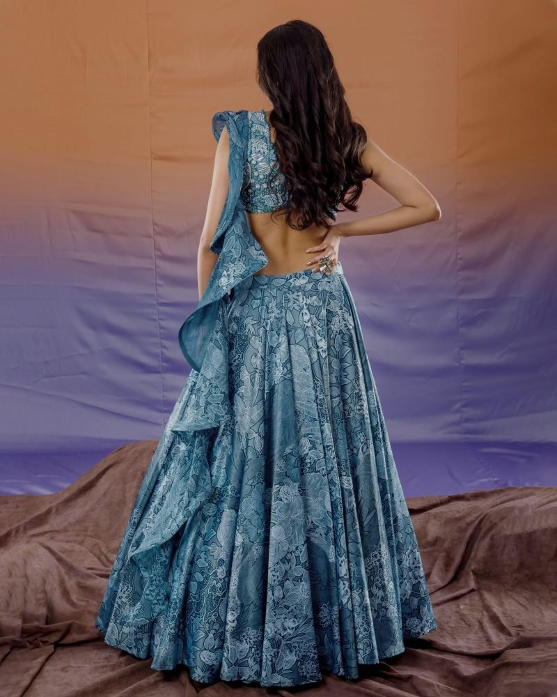 Blue Spun Satin Jungle Print Lehenga Set - Image 2