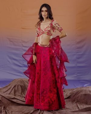 Red Thick Satin Jungle Print Lehenga Set