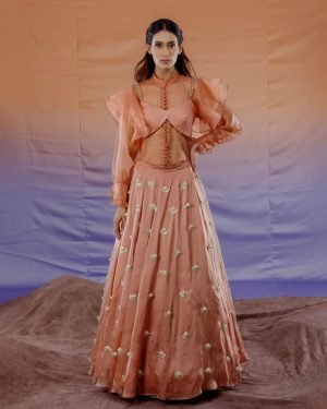 Peach Bamberg Satin Embroidered Lehenga Set
